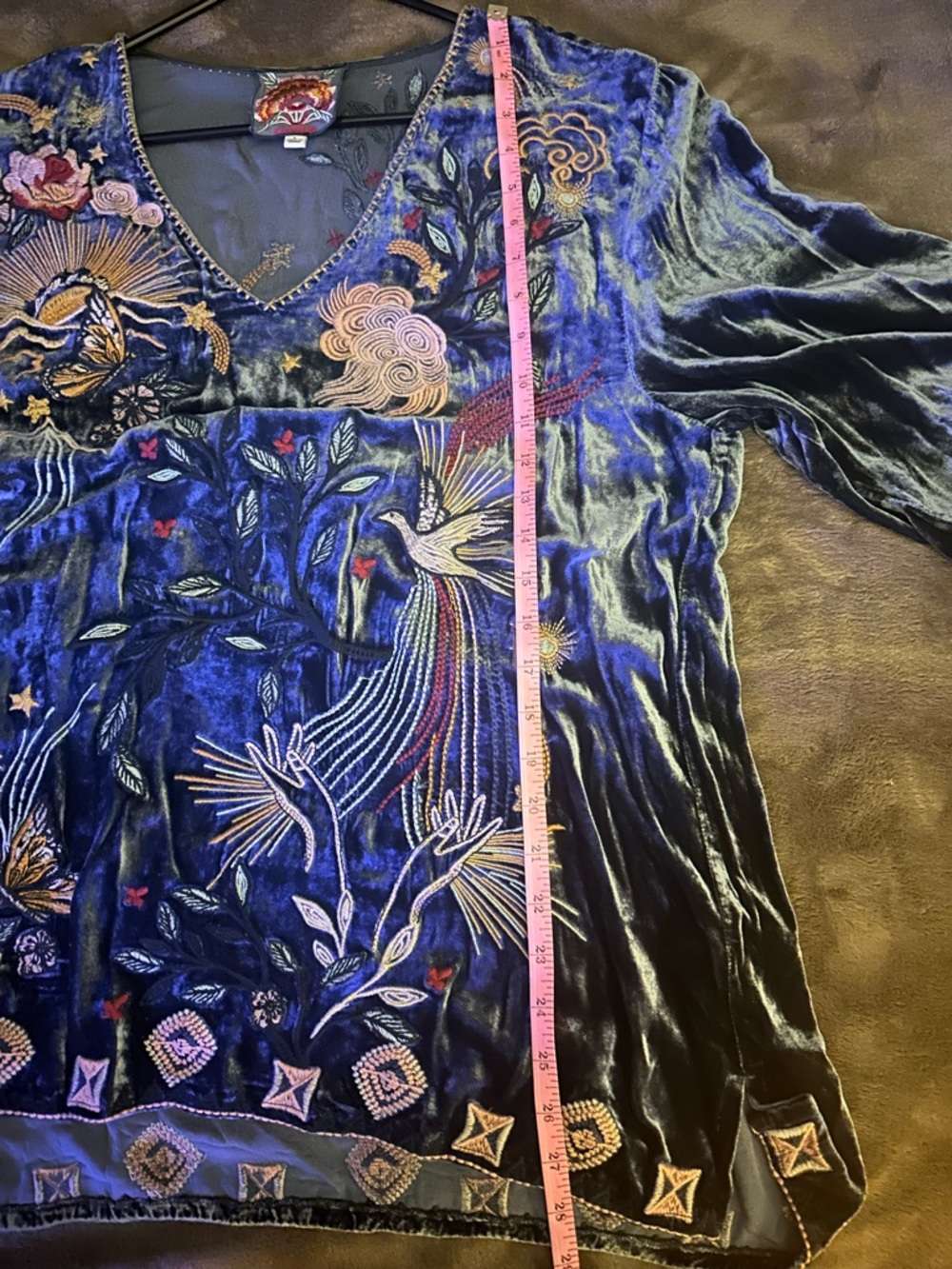 Johnny Was Blue Slate Grey Velvet Embroidered V‑Neck Tunic